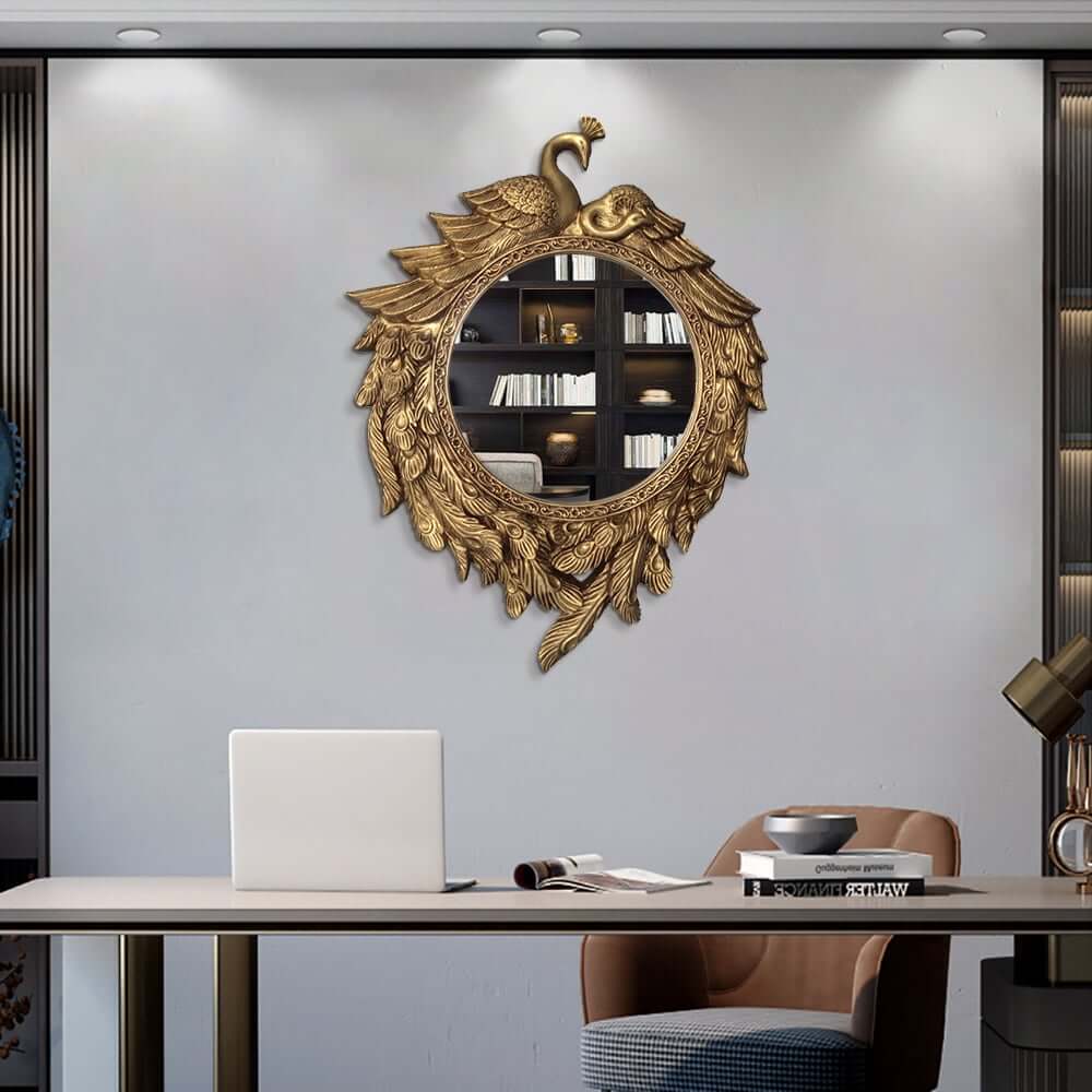 Traditional Bronze Resin Wall Mirror with Peacock Design