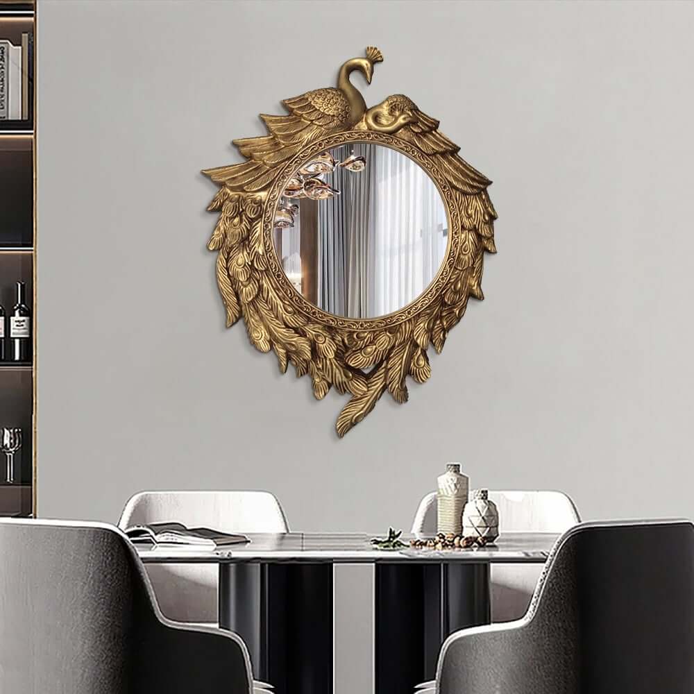 Traditional Bronze Resin Wall Mirror with Peacock Design