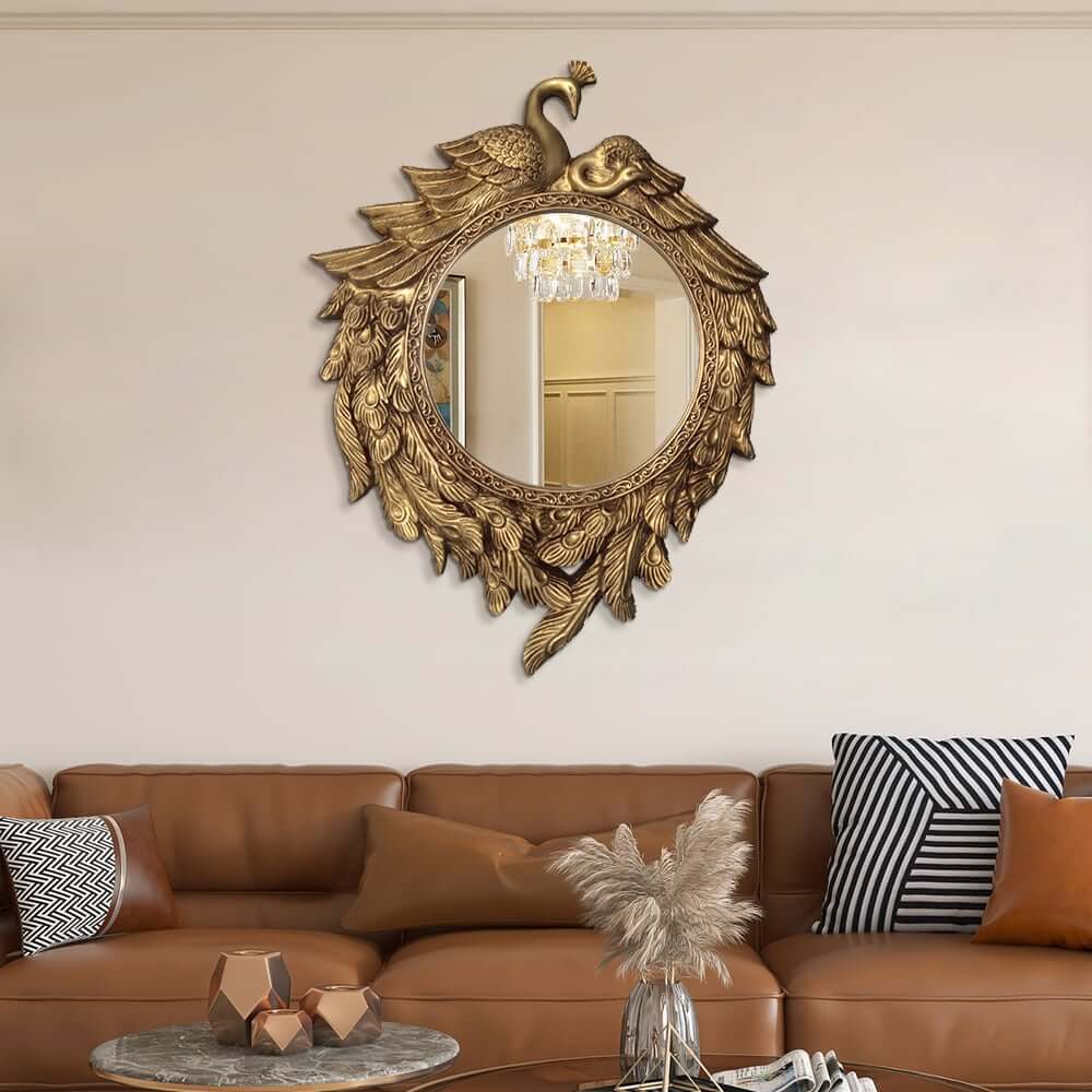Traditional Bronze Resin Wall Mirror with Peacock Design