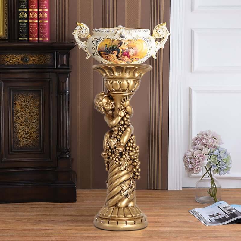 Traditional Resin Cylinder Pedestal Plant Stand in Gold Finish