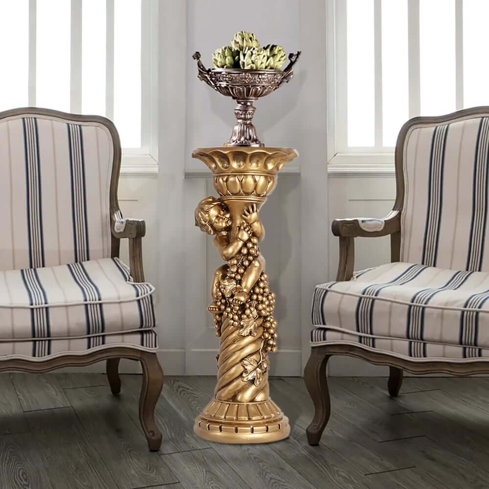 Traditional Resin Cylinder Pedestal Plant Stand in Gold Finish