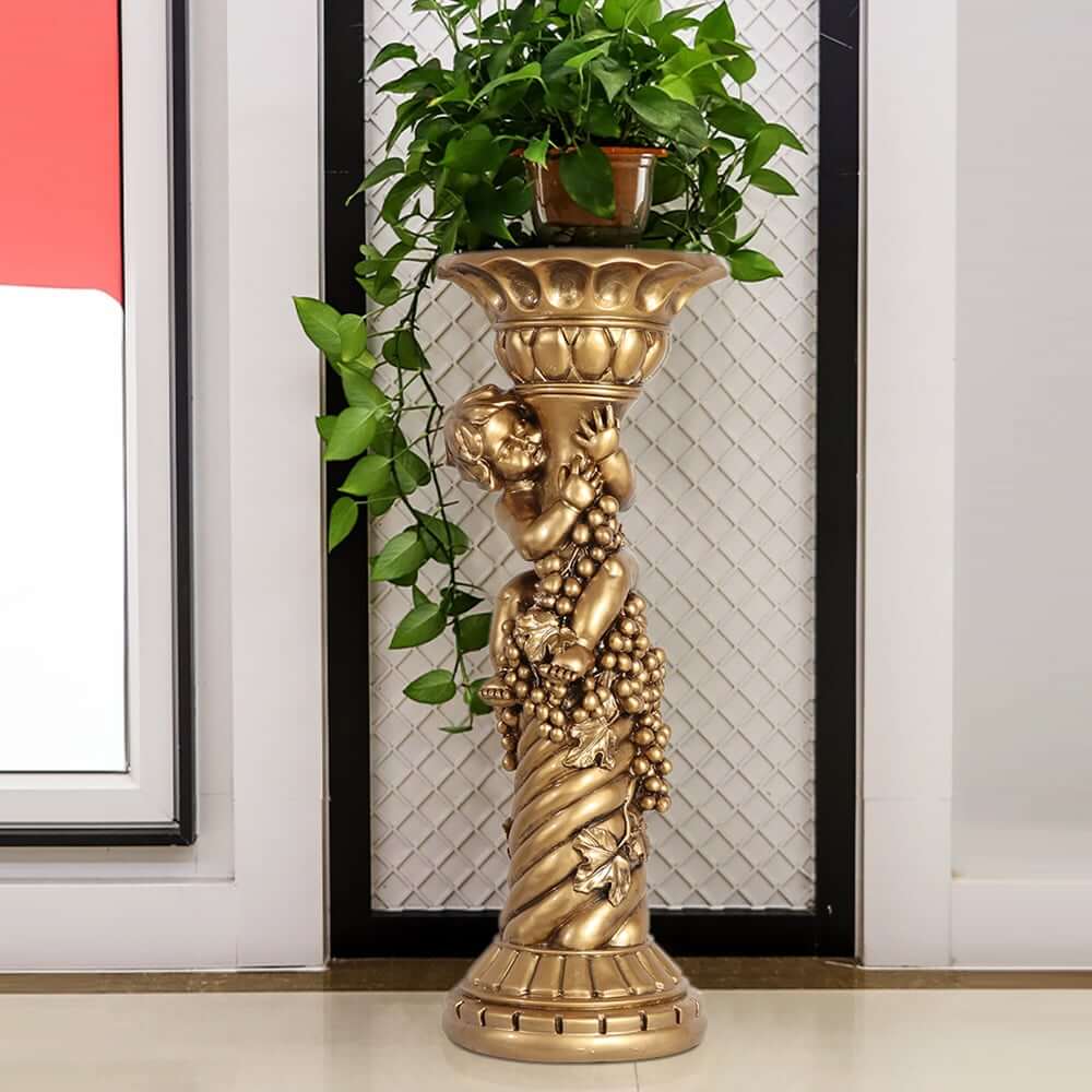 Traditional Resin Cylinder Pedestal Plant Stand in Gold Finish