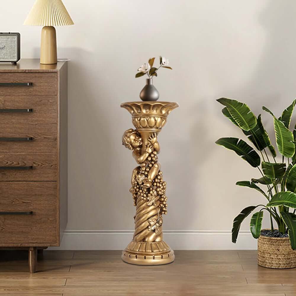 Traditional Resin Cylinder Pedestal Plant Stand in Gold Finish