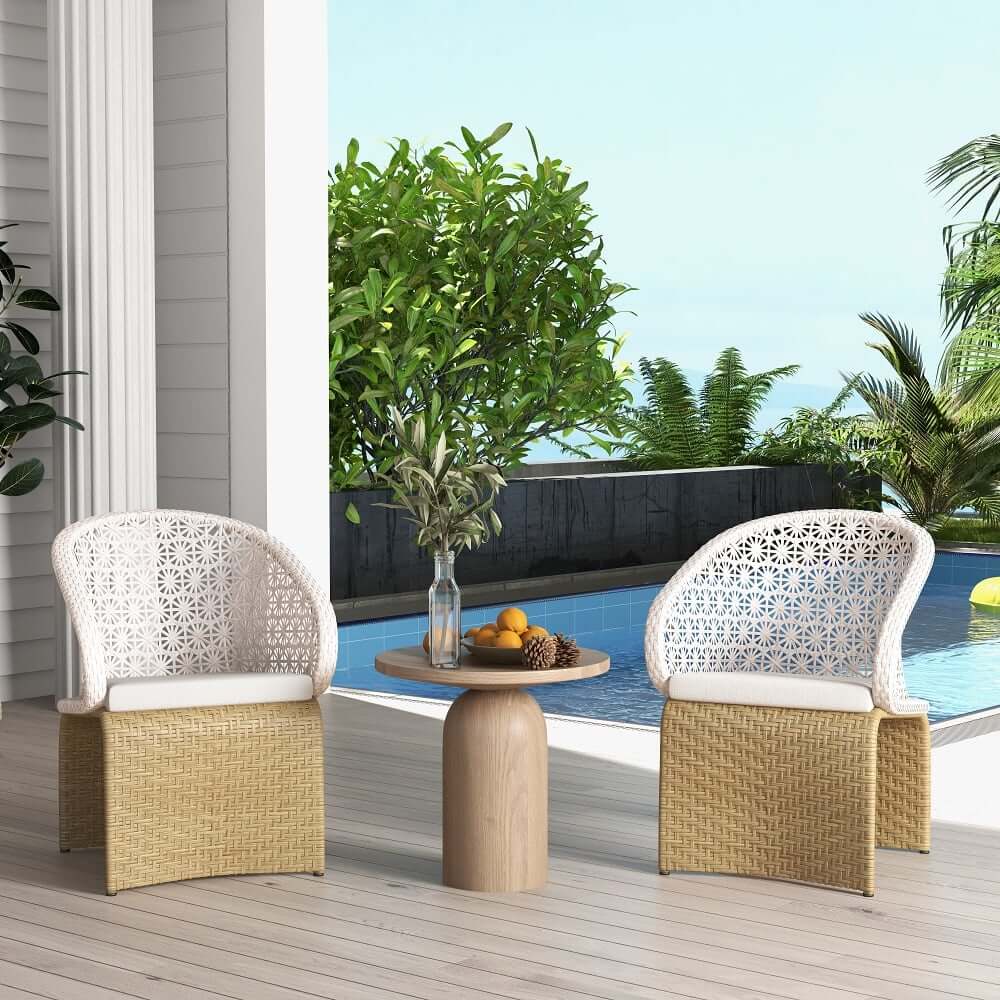 Traditional White Rattan Outdoor Dining Armchair Set of 2