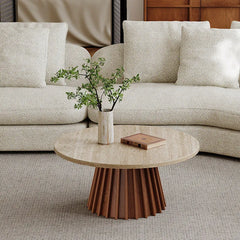 Travertine Coffee Table Set with Sculpted Wood Base and Tiered Round Tops