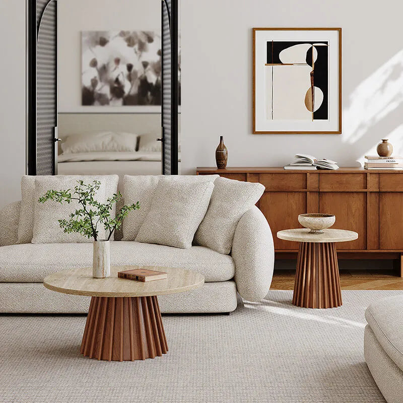 Travertine Coffee Table Set with Sculpted Wood Base and Tiered Round Tops