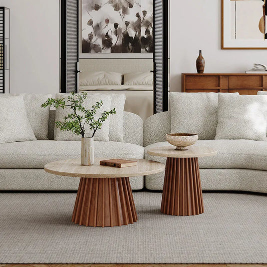 Travertine Coffee Table Set with Sculpted Wood Base and Tiered Round Tops
