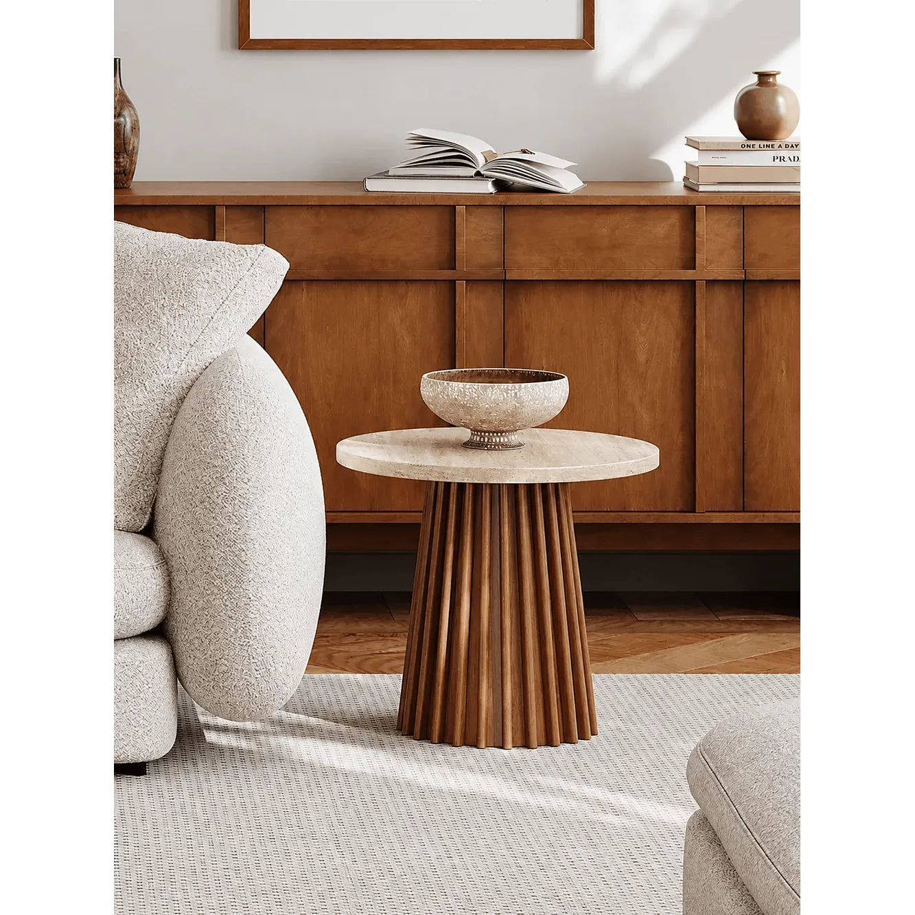 Travertine Coffee Table Set with Sculpted Wood Base and Tiered Round Tops