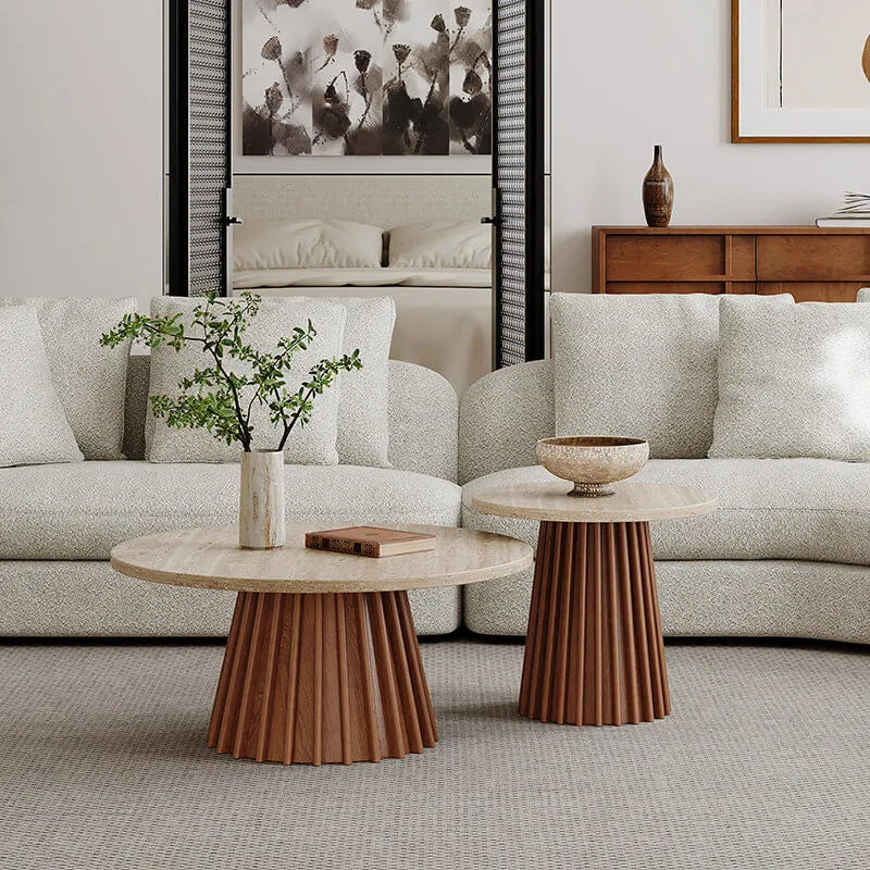 Travertine Coffee Table Set with Sculpted Wood Base and Tiered Round Tops