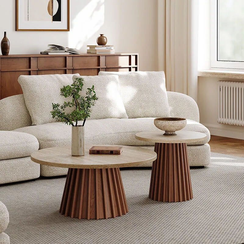 Travertine Coffee Table Set with Sculpted Wood Base and Tiered Round Tops Main Product Image