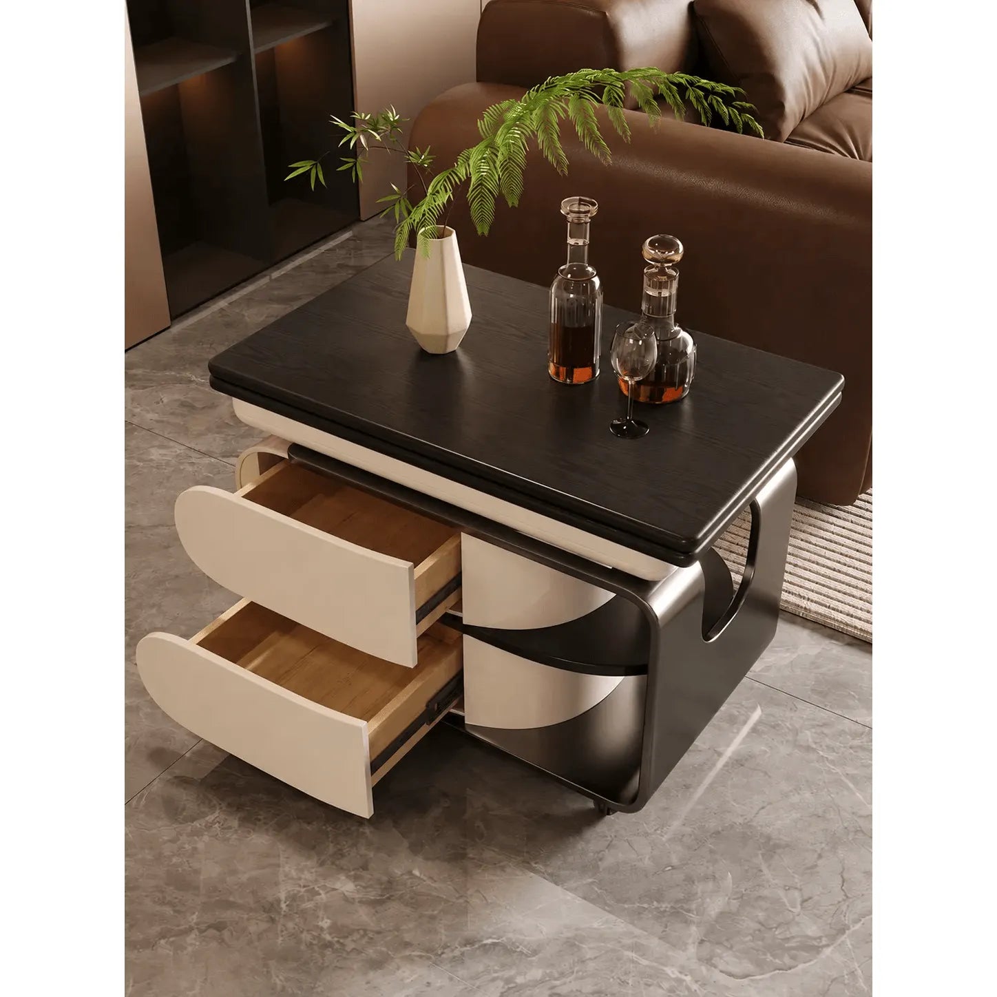 Two-Tone Lift Top Coffee Table with Drawers, Open Shelves and Rounded Profile