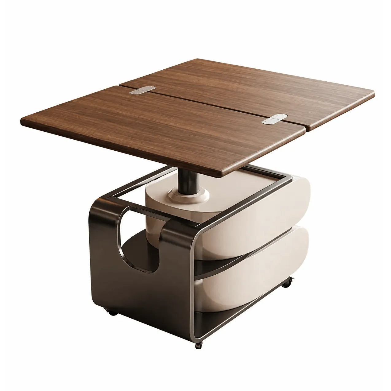Two-Tone Lift Top Coffee Table with Drawers, Open Shelves and Rounded Profile