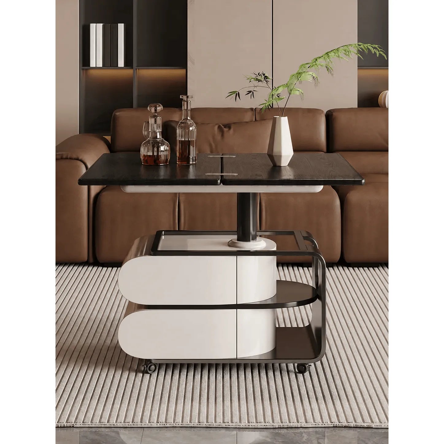 Two-Tone Lift Top Coffee Table with Drawers, Open Shelves and Rounded Profile