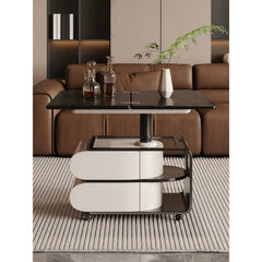 Two-Tone Lift Top Coffee Table with Drawers, Open Shelves and Rounded Profile