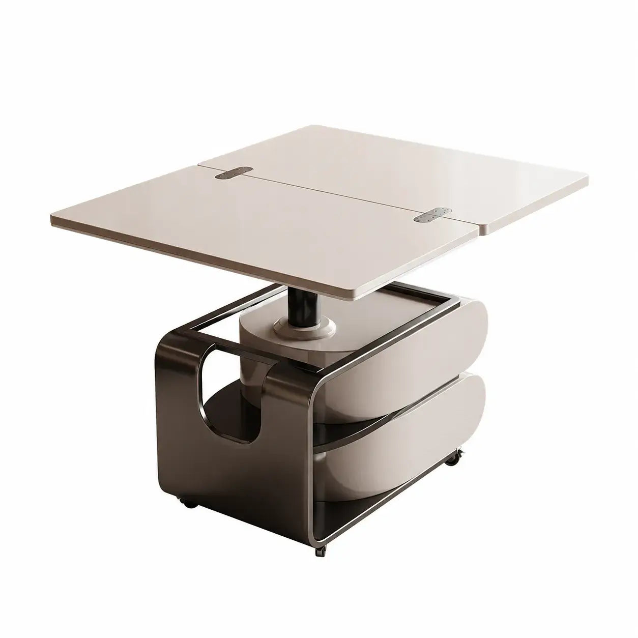 Two-Tone Lift Top Coffee Table with Drawers, Open Shelves and Rounded Profile
