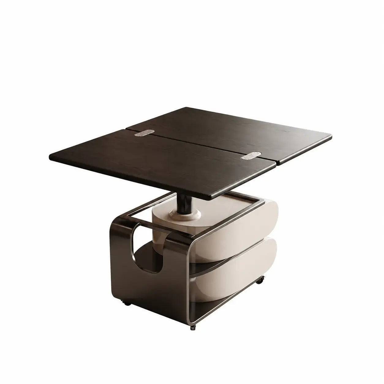 Two-Tone Lift Top Coffee Table with Drawers, Open Shelves and Rounded Profile