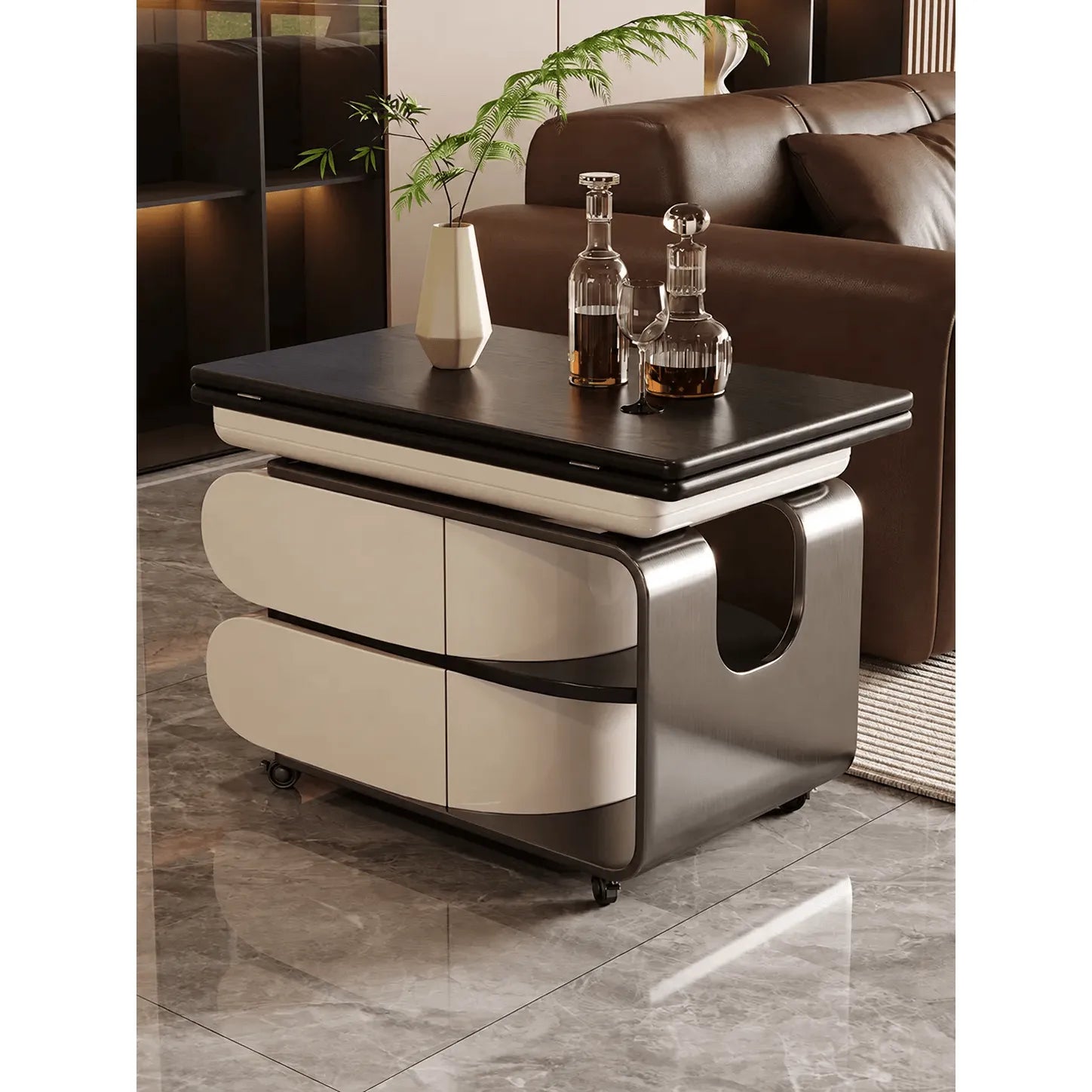 Two-Tone Lift Top Coffee Table with Drawers, Open Shelves and Rounded Profile