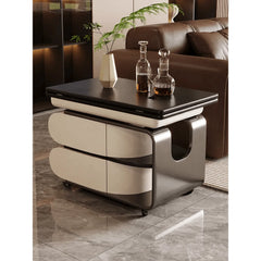 Two-Tone Lift Top Coffee Table with Drawers, Open Shelves and Rounded Profile