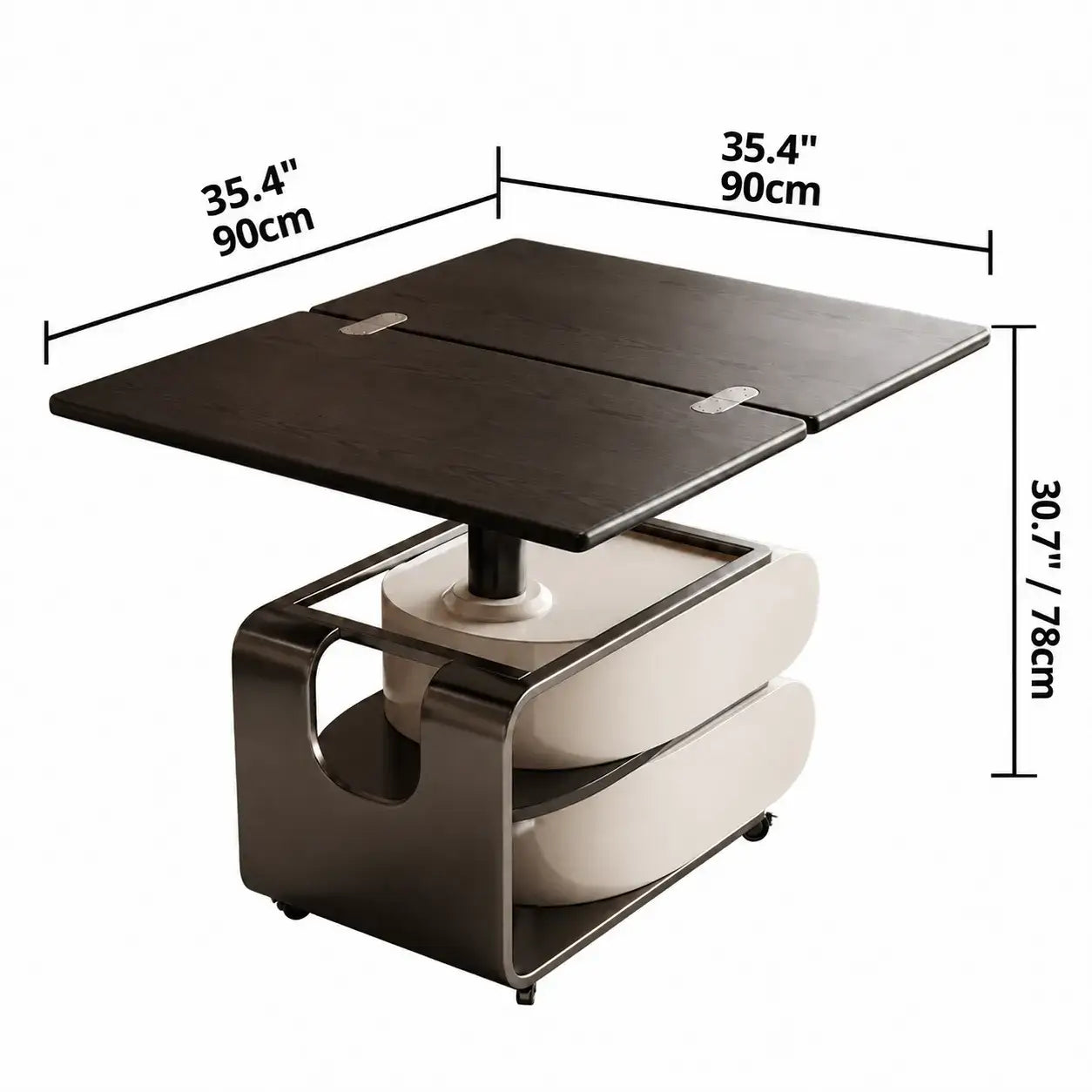 Two-Tone Lift Top Coffee Table with Drawers, Open Shelves and Rounded Profile Dimensions