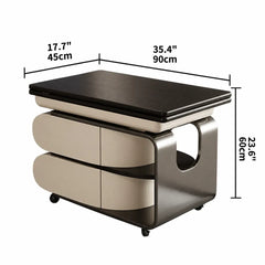 Two-Tone Lift Top Coffee Table with Drawers, Open Shelves and Rounded Profile Dimensions