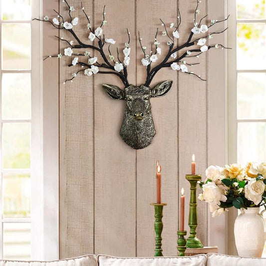 Vintage Style Resin Deer Head Wall Decor with Artificial Cherry Flowers