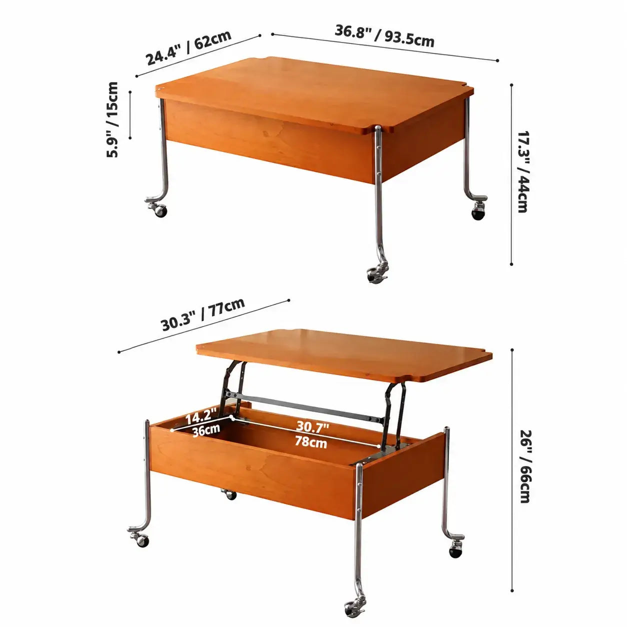 Vintage Wood Lift Top Coffee Table With Metal Frame and Hidden Storage Dimensions