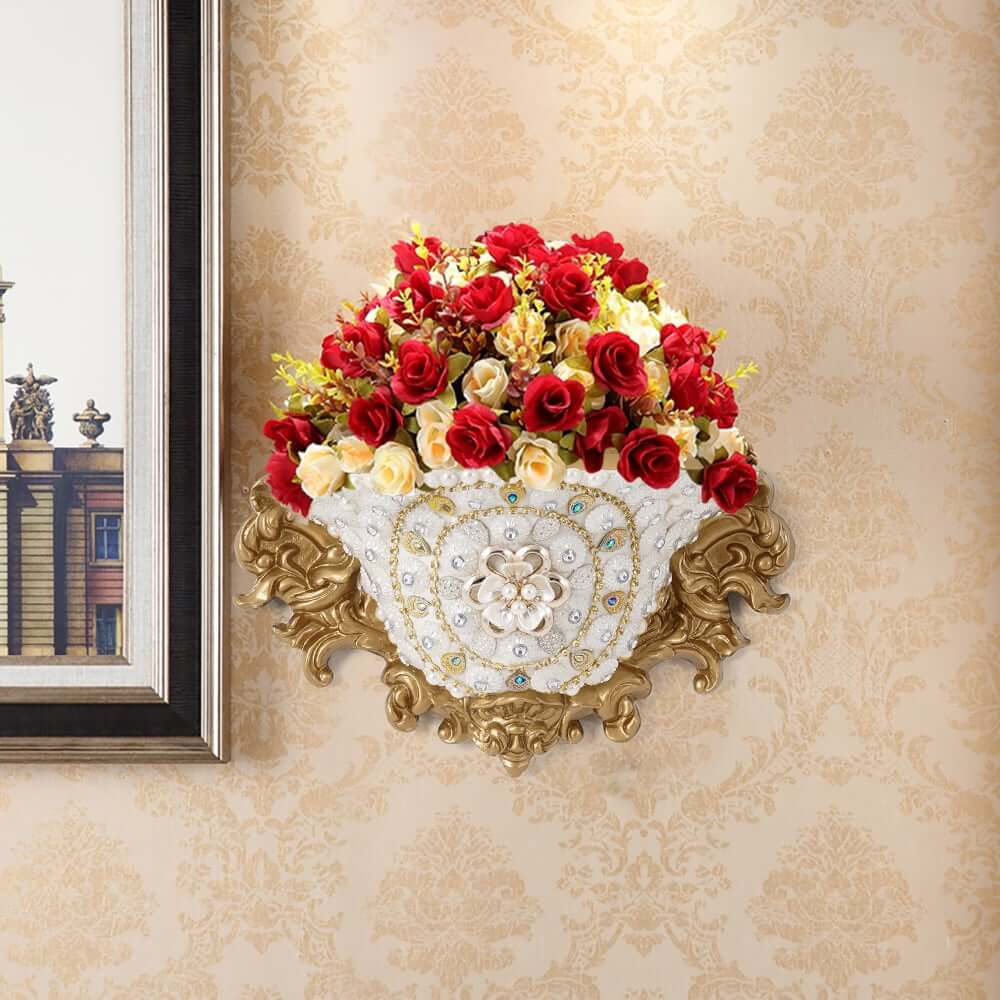 Wall Mount Resin Vase in White and Gold Traditional Style