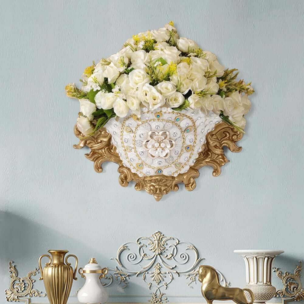 Wall Mount Resin Vase in White and Gold Traditional Style