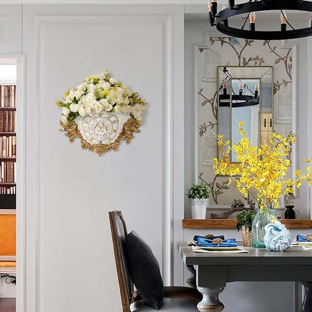 Wall Mount Resin Vase in White and Gold Traditional Style