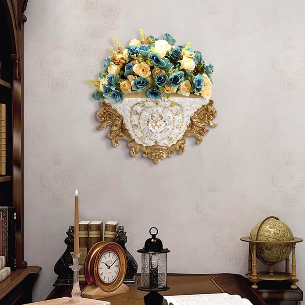 Wall Mount Resin Vase in White and Gold Traditional Style