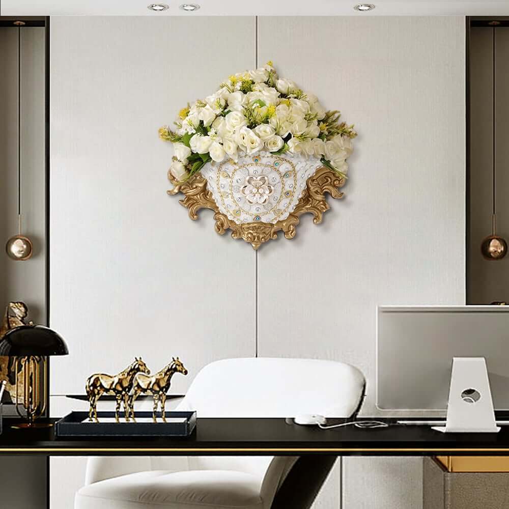 Wall Mount Resin Vase in White and Gold Traditional Style