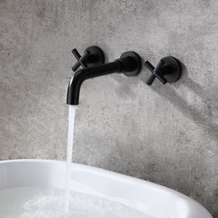 Wall Mounted Brass Bathroom Faucet with Cross Handles and Matte Black Finish
