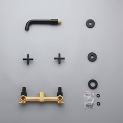 Wall Mounted Brass Bathroom Faucet with Cross Handles and Matte Black Finish