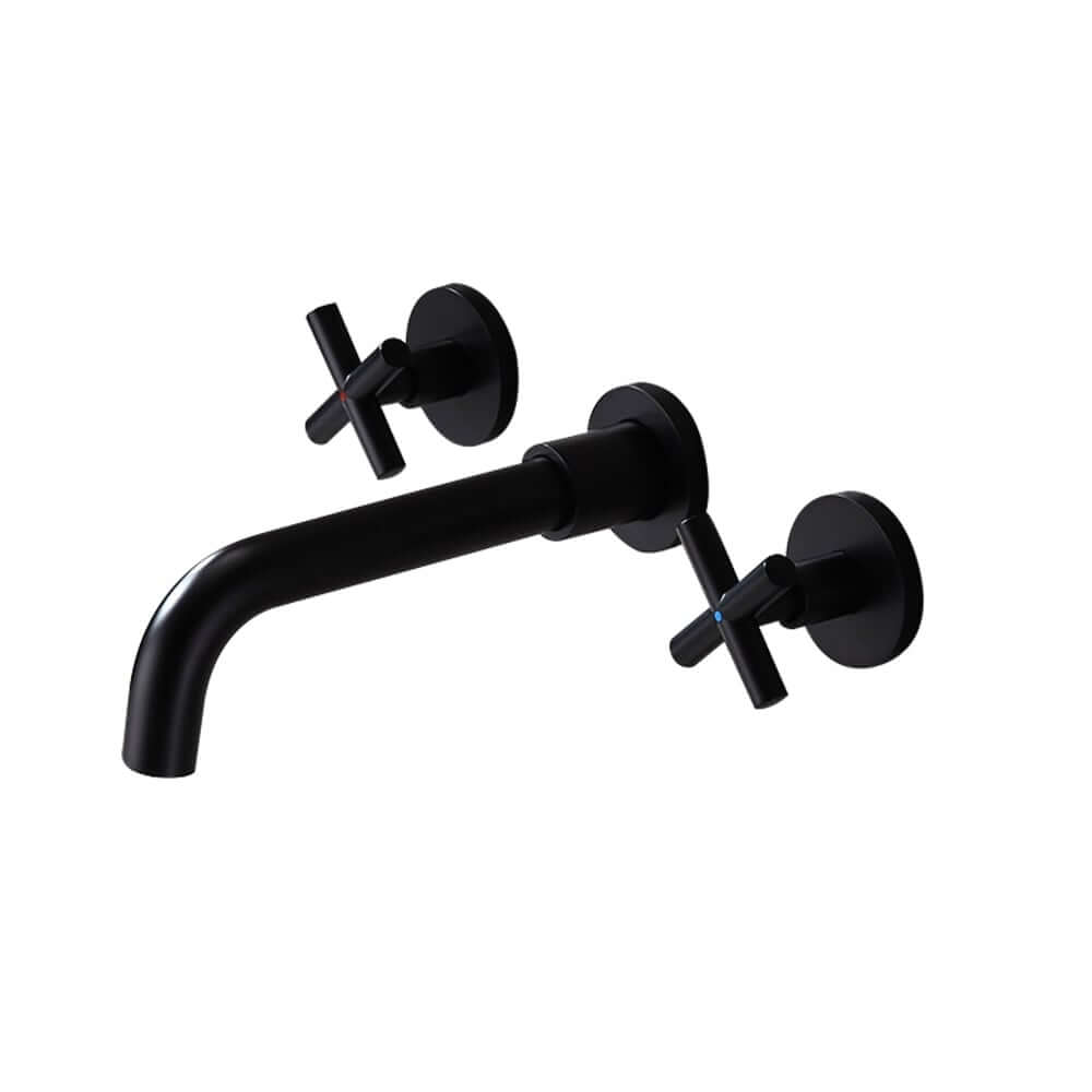 Wall Mounted Brass Bathroom Faucet with Cross Handles and Matte Black Finish