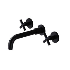 Wall Mounted Brass Bathroom Faucet with Cross Handles and Matte Black Finish
