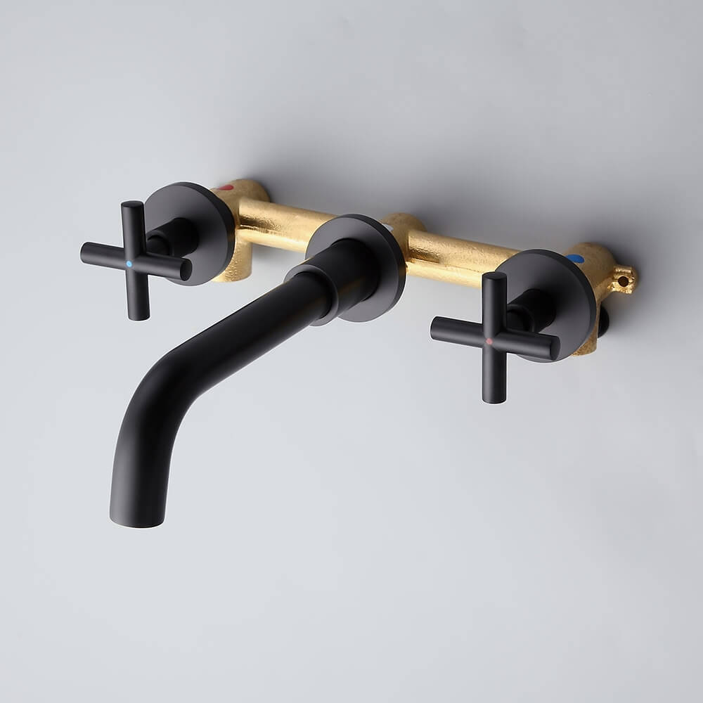 Wall Mounted Brass Bathroom Faucet with Cross Handles and Matte Black Finish