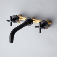 Wall Mounted Brass Bathroom Faucet with Cross Handles and Matte Black Finish