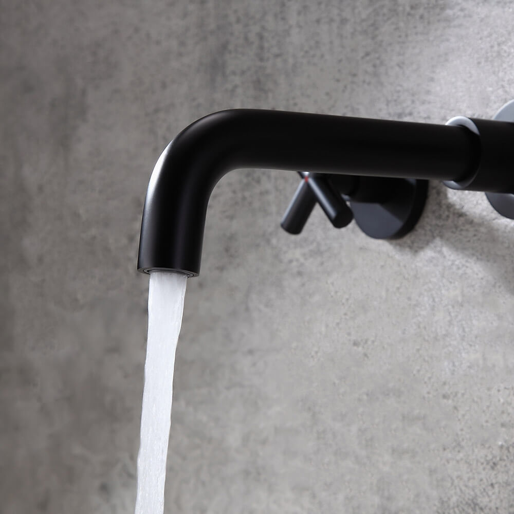 Wall Mounted Brass Bathroom Faucet with Cross Handles and Matte Black Finish