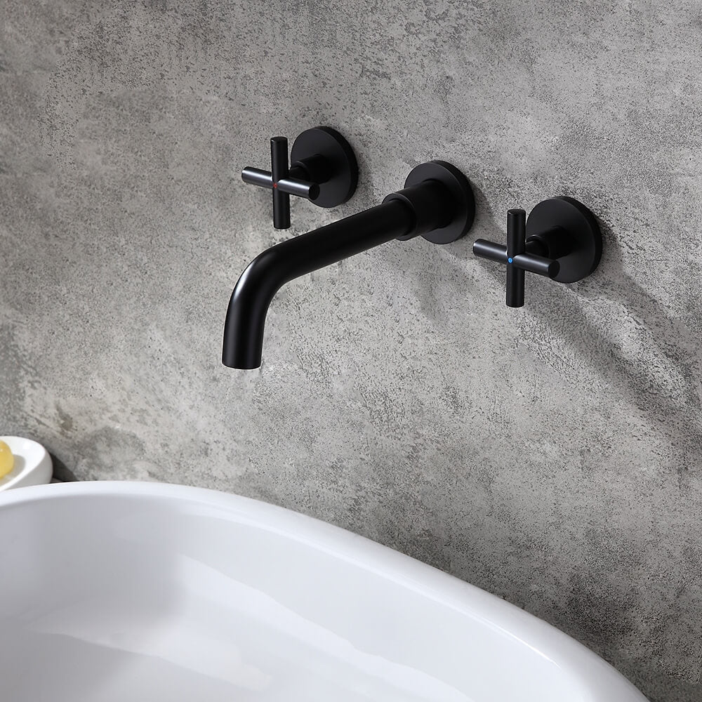 Wall Mounted Brass Bathroom Faucet with Cross Handles and Matte Black Finish