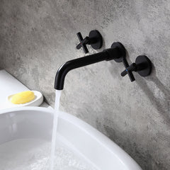 Wall Mounted Brass Bathroom Faucet with Cross Handles and Matte Black Finish