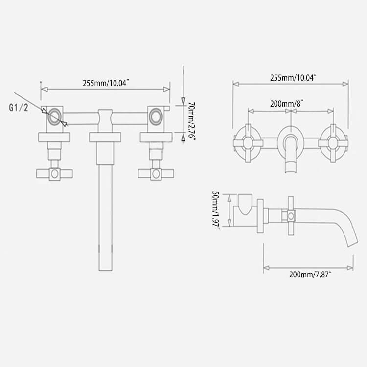 Wall Mounted Brass Bathroom Faucet with Cross Handles and Matte Black Finish