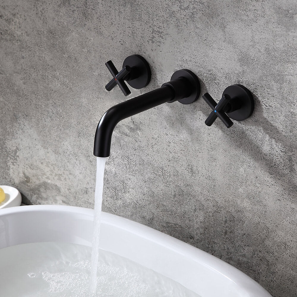 Wall Mounted Brass Bathroom Faucet with Cross Handles and Matte Black Finish Main Product Image