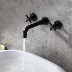 Wall Mounted Brass Bathroom Faucet with Cross Handles and Matte Black Finish Main Product Image