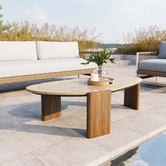Walnut Ash Wood Modern Outdoor Coffee Table with Travertine Top