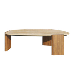 Walnut Ash Wood Modern Outdoor Coffee Table with Travertine Top
