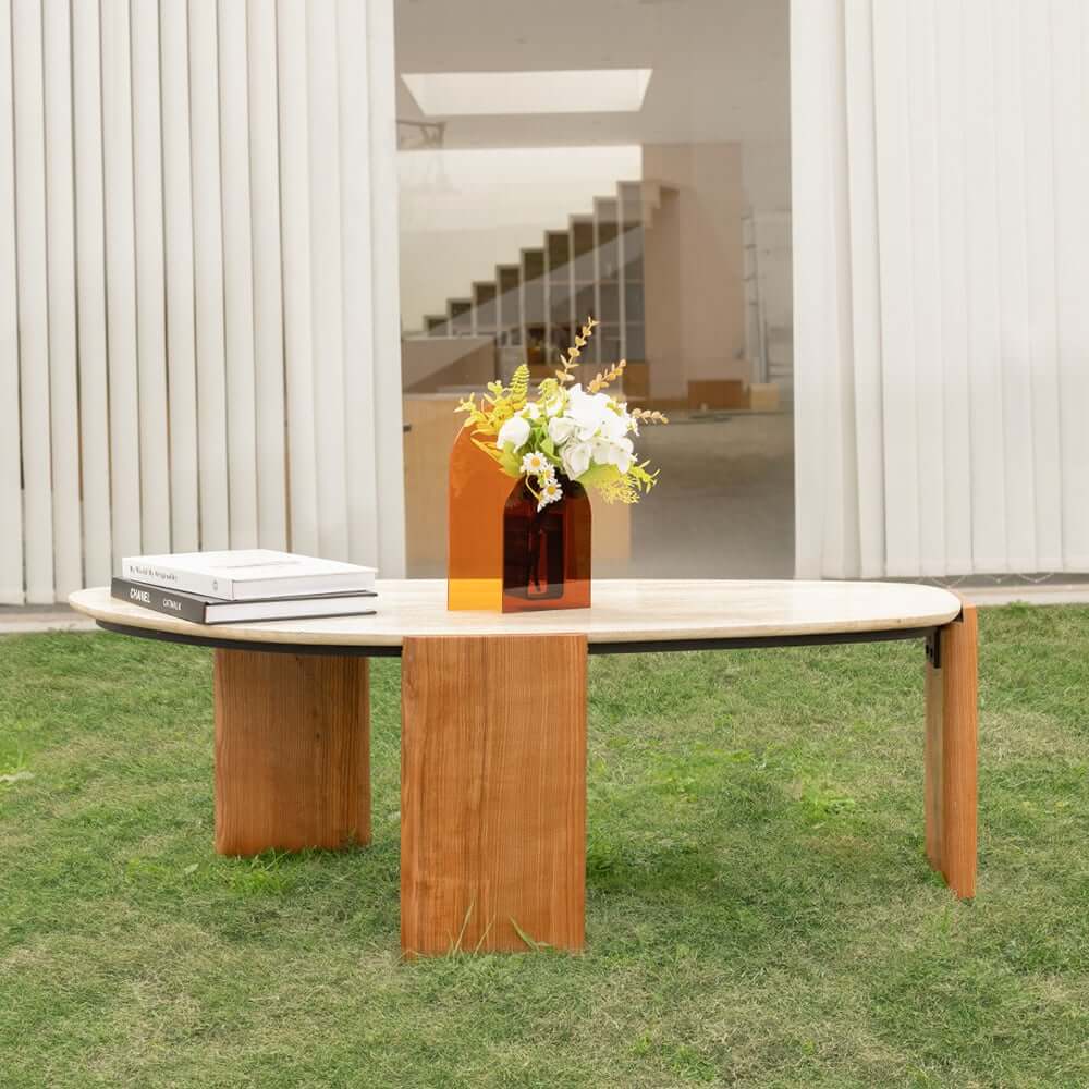 Walnut Ash Wood Modern Outdoor Coffee Table with Travertine Top