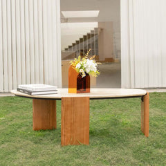 Walnut Ash Wood Modern Outdoor Coffee Table with Travertine Top