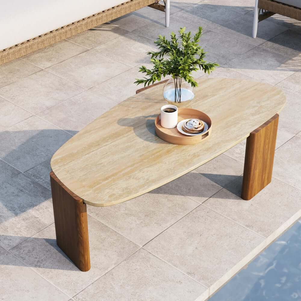 Walnut Ash Wood Modern Outdoor Coffee Table with Travertine Top Main Product Image