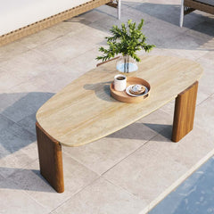 Walnut Ash Wood Modern Outdoor Coffee Table with Travertine Top Main Product Image