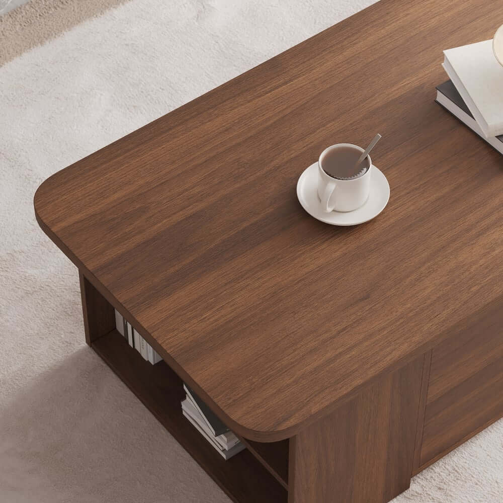 Walnut Japandi Lift-Top Coffee Table With Storage